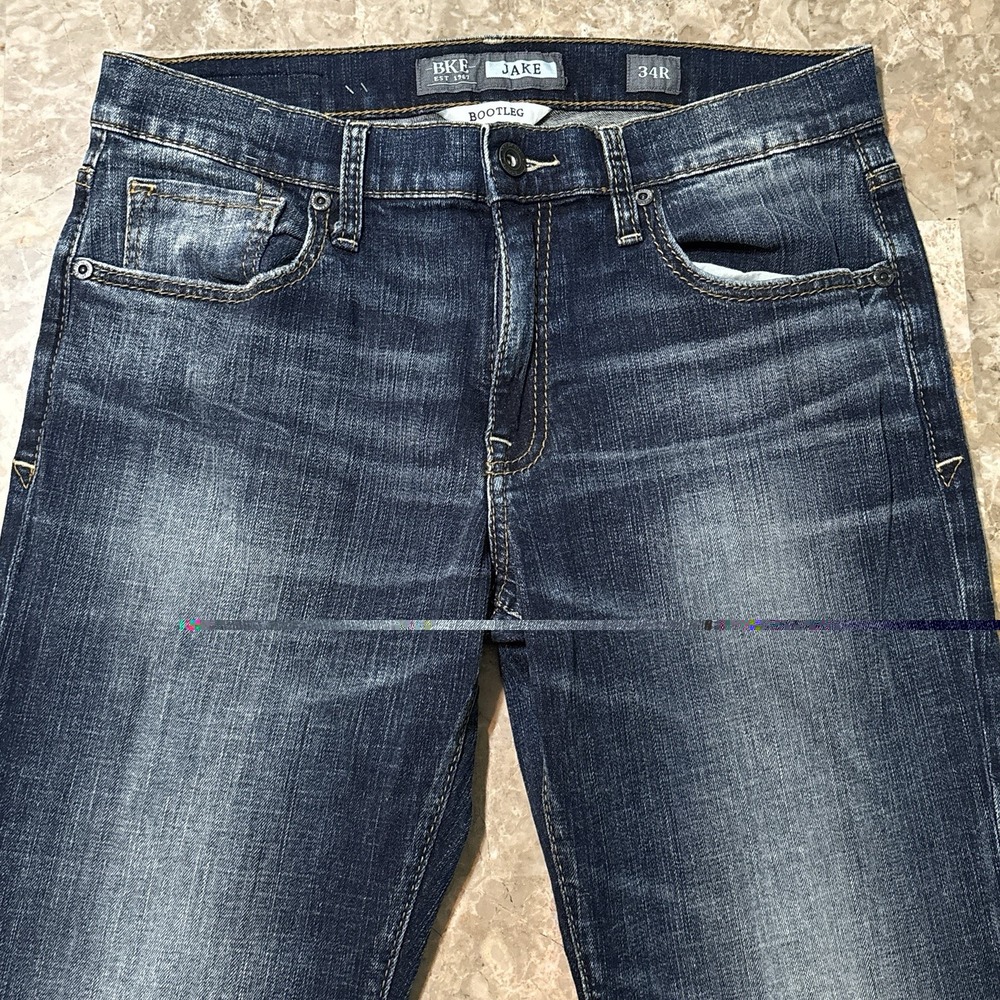 BKE Buckle Jeans Mens 34x32 Blue Jake Bootcut Flare Stretch Denim Thick Stitch